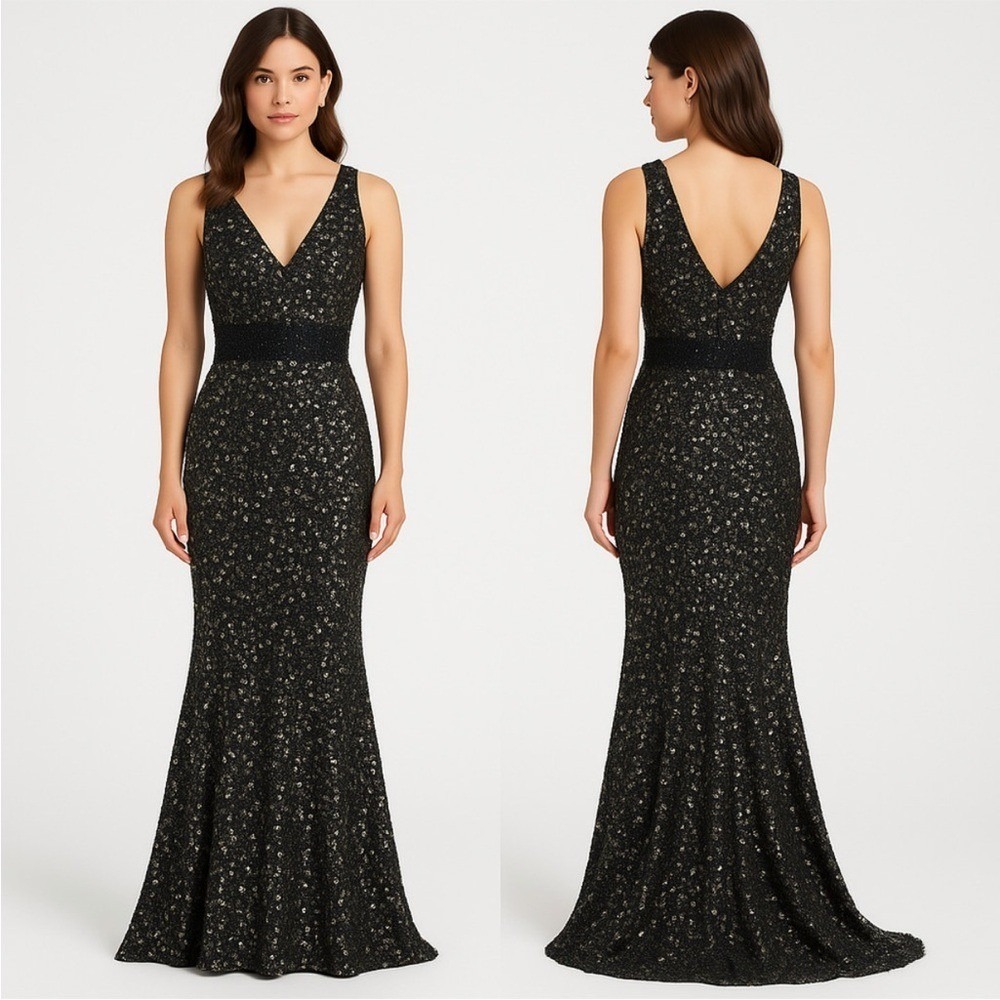 Mac Duggal Dress Womens Evening Gown‎ Sequins Mermaid V Neck